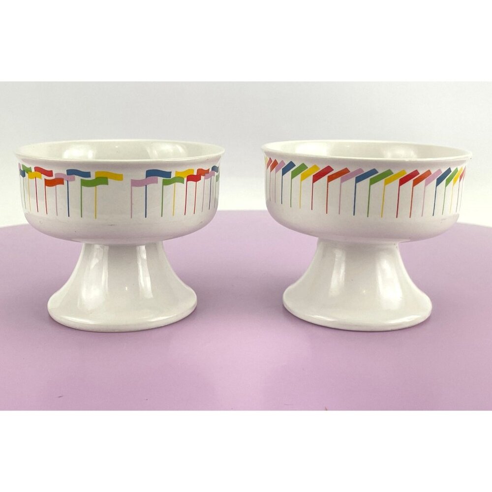Vintage 80s dessert cups, Korea ceramic footed bowls, primary colors flags, pair - Picture 4 of 9